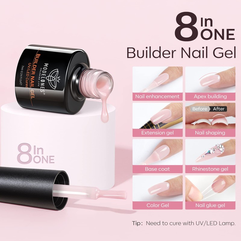 Modelones 8-in-1 Builder Nail Gel, 6 Colors Pink Builder Gel