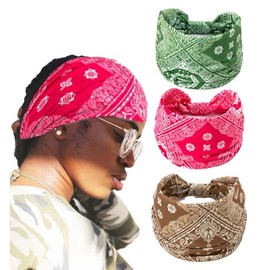 XEF Headbands for Women Bohemian Wide Geometry Pattern Thick Hair Band No Slip Gym Elastic Twist Knot Athletic Headband Sweatbands Fashion Hair Accessories for Teen Girls