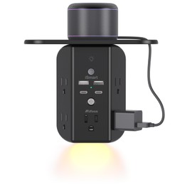 Wall Outlet Extender with Shelf and Night Light, Surge Protector, USB Wall Charger with 5 AC Outlets and 2 USB A Ports 2 USB C Ports Wide Space 3-Sided Power Strip Multi Plug Outlets, Black