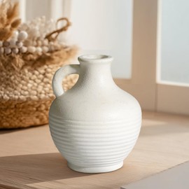 White Ceramic Vase, Rustic Farmhouse Vase with Handle, Pottery Vases for Flower, Farmhouse Decor, Centerpiece Table Decorations, 6 inch