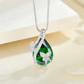 EJARY Butterfly May Birthstone Emerald Green Pendant Necklace for Women, 925 Sterling Silver Teardrop Cubic Zirconia Butterflies Necklace Jewelry