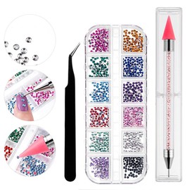 Nail Gems, 12 Kinds of Flat Back Gems with Pick Up Tweezer and Rhinestone Picker Dotting Pen, Nail Art Tools for Nails, Clothes, Face, Craft, Shoes Bag DIY