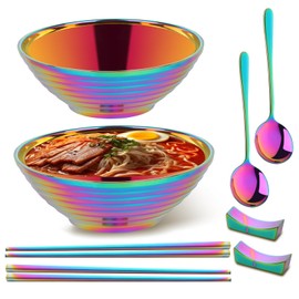 Meiishaaa Ramen Noodle Bowl, 2 Set (8PCS) Stainless Steel Japanese Style Soup Bowls and Spoons Set with Chopsticks & Chopsticks Holders for Udon Soba Pho Asian Noodles, Rainbow