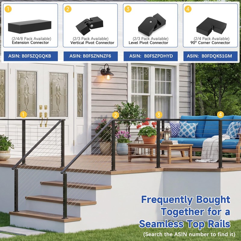 Zylorix 1Pack 6FT Stainless Steel T304 Black Handrail for Cable