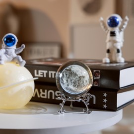 JFTOSALE 2.3 inch (60mm) Clear Earth Globe Crystal Ball Paperweight 3D Laser Engraved Decorative Ball with Metal Stand Astronomical Decor Gifts