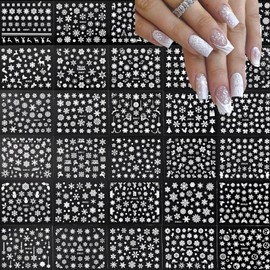 30Sheets Snowflake Nail Art Stickers 1200Pcs Christmas Nail Stickers 3D Self-Adhesive White Santa Claus Elk Nail Decals for Women Girls Acrylic Nails Xmas Winter Holiday Manicure DIY Nail Supplies
