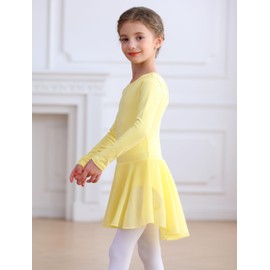 MdnMd Long Sleeve Ballet Leotards for Girls Toddler Dance Leotard Skirted Gymnastics Ballerina Dress AM300 (Swan-Yellow, 6-8 Years)