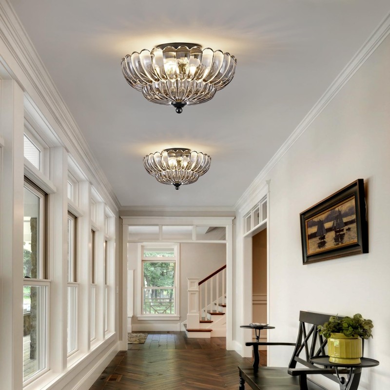 Modern Black Ceiling Light Fixture, 12" Clear Glass Flush Mount
