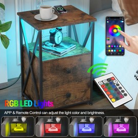 Livofloral LED Nightstand Set 2, Night Stand with Wireless Charger, End Table with Storage, Side Table with USB Ports and Outlets, Bedside Table with Wooden Drawers for Bedroom, Living Room, Brown