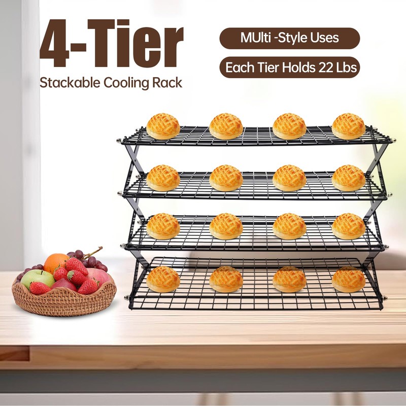 4-Tier Collapsible Cooling Rack – 16" x 10" Adjustable Stackable
