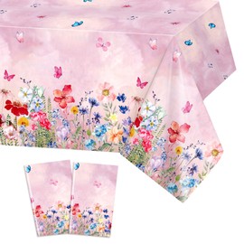 PHOGARY 2 PCS Spring Summer Floral Tablecloth, Watercolor Wildflower Tablecloth Disposable Rectangle Butterfly Tablecloths for Birthday Baby Shower Weddings Tea Party Spring Party Decorations 54"x108"