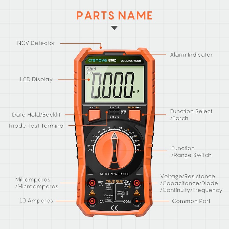 Crenova Digital Multimeter, 6000 Counts Multi Testers, Auto-Ranging TRMS Voltmeter
