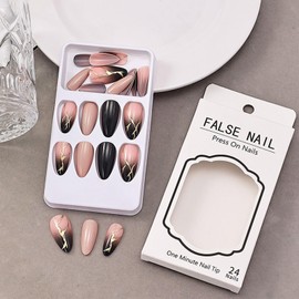 24Pcs Gold Foil Press on Nails Gradient Manicure Art Medium Almond Acrylic False Nails Stick on Nails with Lightning Design, Glossy Brown Ombre Fake Nails Gel Glue on Nails for Coquette Women Girls