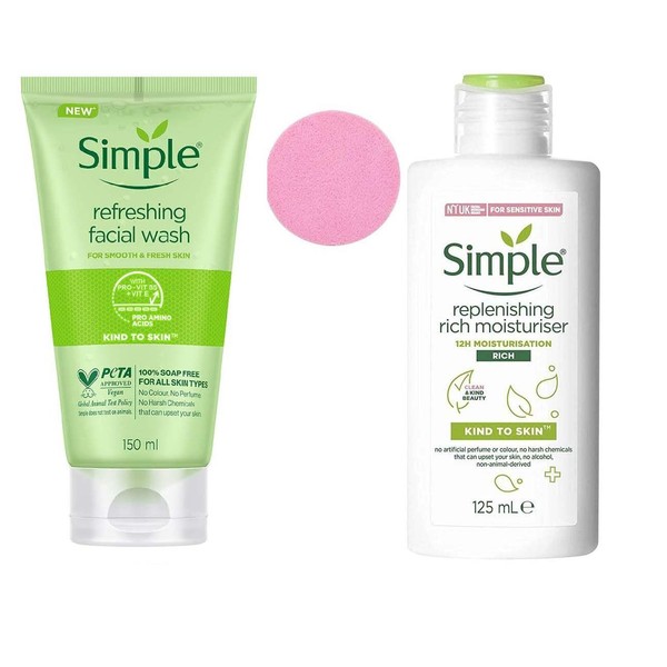 YDF Simple Hydrating Rich Moisturizer, 4.2 Ounce - Simple Moisturizing Facial Wash, 5 Ounce - With Compressed Face Sponge