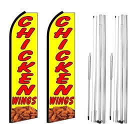Chicken Wings Feather Flag | 3ft W x 11.5ft H | Durable Super-Knit Polyester with Aluminum Flagpole and Ground Spike | Outdoor Advertising Banner Flag for Promotions | Two Kits w/Hardware