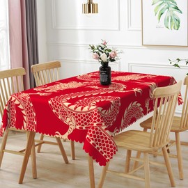 TTQYFNM 60x102inches Dragon Rectangle Tablecloth Traditional Flying Mascot Animal Chinese Dragons Red Gold Table Cloth Waterproof Table Cover for Dining Home Kitchen Restaurant Buffet New Year Party