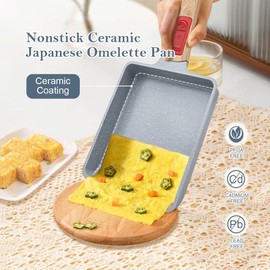 AIKENBBKK Ceramic Nonstick Tamagoyaki Pan, Japanese Omelette Pan omelette egg pan with Detachable Handle, Oven& Dishwasher Safe, 7.48” x 6.8” (Blue)
