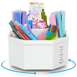 MOWETOO Desk Organiser - 360° Rotating Pen Holder Children with 5 Compartments, Pen Organiser White for Desk, School, Office, Family