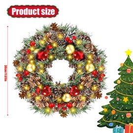 Christmas Wreath, 30cm Artificial Hanging Wreath, with Powerful Hook, Winter Xmas Ornament, Indoor Outdoor Decor, for Fireplace, Window, Wall, Living Room, Home Party, Birthday, Wedding Decoration