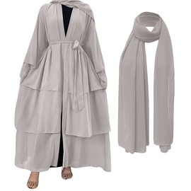 Abayas for Women Muslim Abaya Long Sleeve Maxi Dress Loose Full Cover Islamic Dubai Cardigan Clothes with Hijab S-XXL, Light Grey+hijab, Small