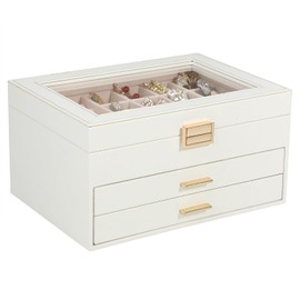 Voova Jewelry Box Organizer for Women Girls, 3 Layer PU Leather Jewelry Storage Case with Glass Lid & 2 Drawers, Large Jewellery Display Holder for Necklaces Rings Earrings Bracelets, White