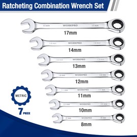 WORKPRO 7-Piece Ratcheting Combination Wrench Set, 72 Teeth, Cr-V Constructed, Combo Ratchet Wrenches Set with Roll Up Pouch, Metric 8mm-17mm