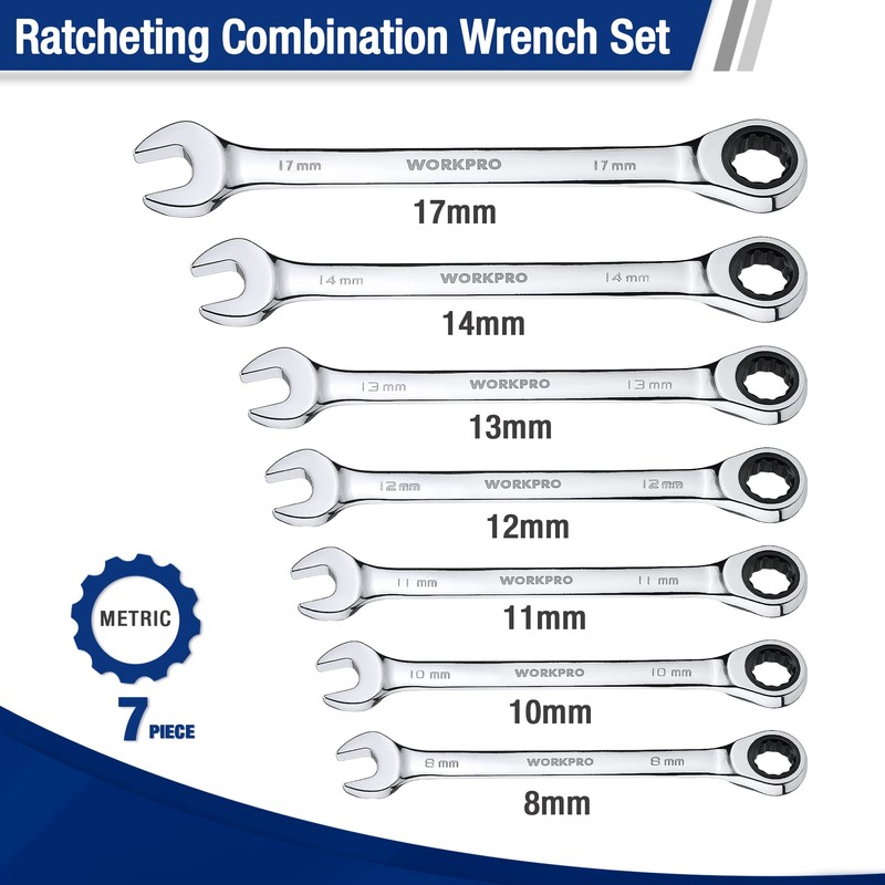 WORKPRO 7-Piece Ratcheting Combination Wrench Set, 72 Teeth, Cr-V Constructed,
