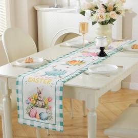 meioro Easter Table Runner for Home Decor, Rabbit Eggs Plaid Check Table Runners, 30x120cm Spring Holiday Floral Table Cover, Table Decoration for Kitchen Dining Room Party (Style-A)