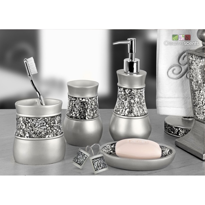 Crackled Glass Silver Bathroom Accessories Set - 6 Piece Bathroom