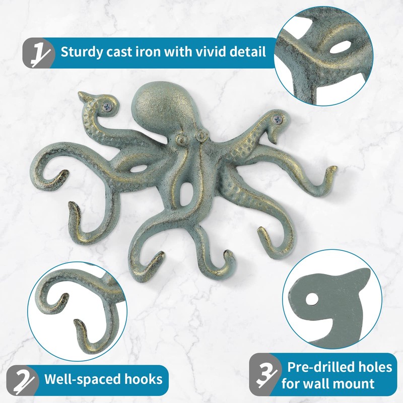 MDLUU Octopus Hook, Nautical Wall Hook, Antique Key Holder Hook,