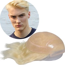 Vennsian Men's Toupee Hairpiece French Lace Front Hair System for Men 0.1mm PU Skin Base with Mono Lace 10x8 Inches Human Hair Replacement Systems #613 Blonde Color