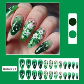 Green Gradient Press on Nails Medium Length Flower with Rhinestones Design False Nail Spring Summer Press Acrylic Artificial Fingernails Full Cover Blossom Stick on Nail Glossy Glue on Nail for Women