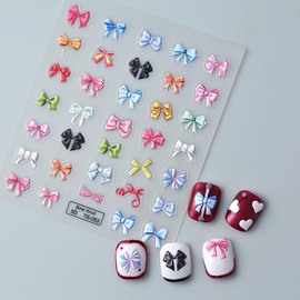 Tisaindor Bow Nail Art Stickers, 3 Sheets, 5D Embossed Nail Decals Nail Art Design Self Adhesive Nail Supplies, Colorful Bow Nail Stickers for Women Manicure Decoration