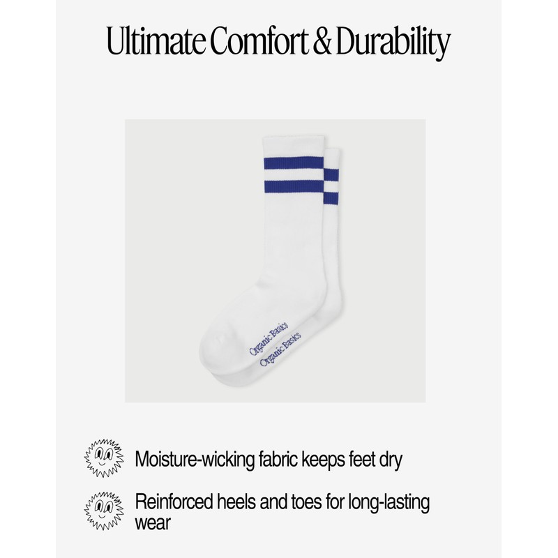 Organic Basics Unisex Core Stripe Crew Socks 3-pack, White/Vibrant Blue,