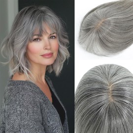 EROADE Hair Toppers for Women Real Human Hair, 3D Human Hair Toppers for Women with Thinning Hair 165% Density Hair Topper Middle Part Clip in Bangs Toppers Hair Pieces (Grey, Wispy Bangs)
