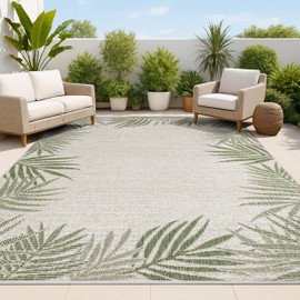 JONATHAN Y Palm Frond Border Indoor Outdoor Area Rug 3X5 Green/Cream, Isla Coastal Cottage for Backyard, Patio, Porch, Easy-Cleaning, High Traffic, Pet-Friendly, Non-Shedding (TSN207B-3)