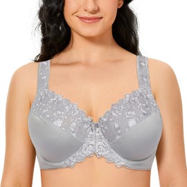 TELIMUSSTO Women's Full Coverage Floral Lace Underwired Bra Plus Size Non Padded Comfort Bra 46DD Grey