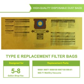 for Shop Vac 90661 9066100 Type E Wet Dry Vacuum Bag for Shop Vac 5 To 8 Gallon Disposable Collection Filter Bags 3pcs