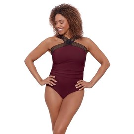 Aqua Green Women's Standard Novelty Trim High Neck One Piece, Currant, Large