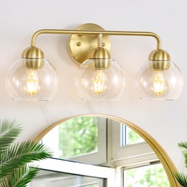 XIYOUVE Gold Bathroom Light Fixtures Vanity Lights for Bathroom 3 Lights Wall Sconces Lighting Brushed Brass Lights with Clear Globe Bath Wall Light for Mirror Kitchen Bedroom Hallway