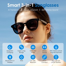 GetD Bluetooth Glasses, Open-Ear Smart Glasses, Large Round Polarised Sunglasses, Bluetooth 5.4 Audio Sunglasses, Anti-Sound Leakage, Call Noise Reduction (Black Frame + Clear Lens)