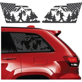 Compatible with Jeep Grand Cherokee 2011-2021 Precut US Flag Bigfoot Mountain Forest Window Decals Rear Quarter Window Sticker Both Side Proudly Made in The USA Matte Black (US Flag Bigfoot Mountain)