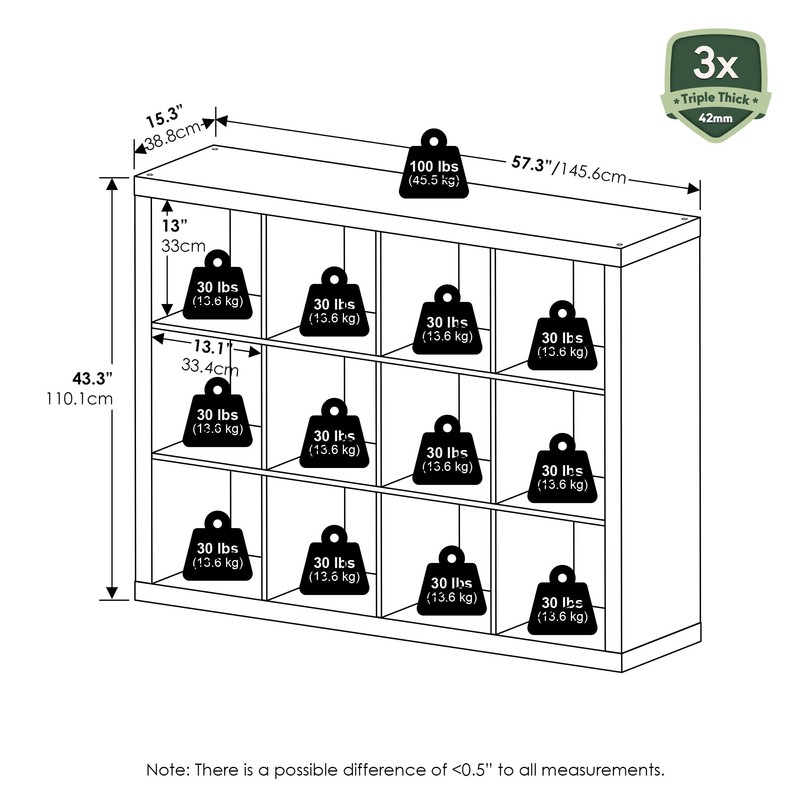 Furinno Cubicle Book Shelf, 12-Cube Bookshelf, Triple Thick Frame Cube