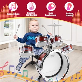 Kids Drum Set for Toddlers 1-3 3-5 - Musical Instruments Toys Drum Kit 9 Pcs with Stool, Birthday Musical Toys for Toddlers 2 3 4 5 Year Old Boys Girls