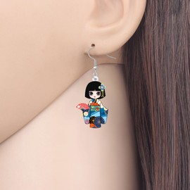 LONYOO Acrylic Cute Japanese Doll Earrings Dangle Drop Kawaii Japanese gifts for Womens Costume Jewelry (Blue)