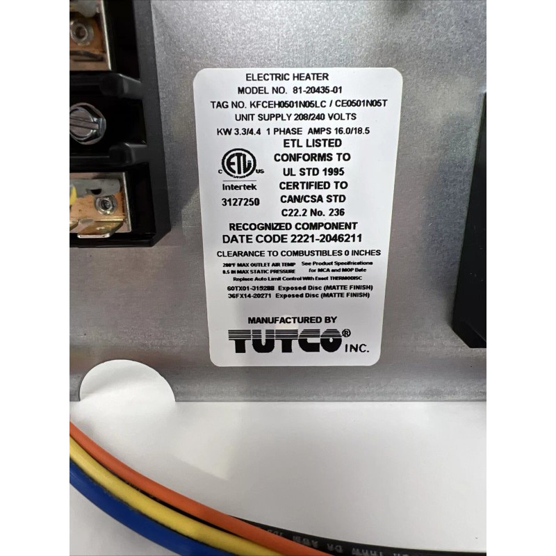 TUTCO Electric Heater, FC-0501N05LC, 81-20435-01, 208/240V, 3.3/4.4kW, 1P, 16A