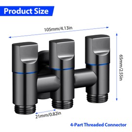 3-Way Water Changer Control Valve, 4 Point Thread Interface (1/2 Inch) Three-Way Water Injection Angle Valve, One Inlet and Three Outlet Angle Valve, for Washing Machines and Toilets (Dark Grey)