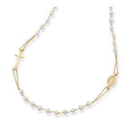 Miabella 18K Gold Over 925 Sterling Silver Handmade Italian White Freshwater Pearl Ball Beaded Sideways Rosary Cross Necklace for Women, Made in Italy (Length 20 Inch)
