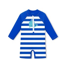 BesserBay Baby Blue Striped Whale UV Protection Zip Front One Piece Rashguard for Boys Long Sleeve Bathing Suit 12-18 Months