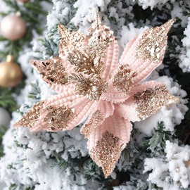 Earssa 8pcs Large Glitter Christmas Flowers Poinsettia Flowers Artificial 11’’ Pink Poinsettias Flowers Xmas Tree New Year Party Wedding Wreath Ornaments